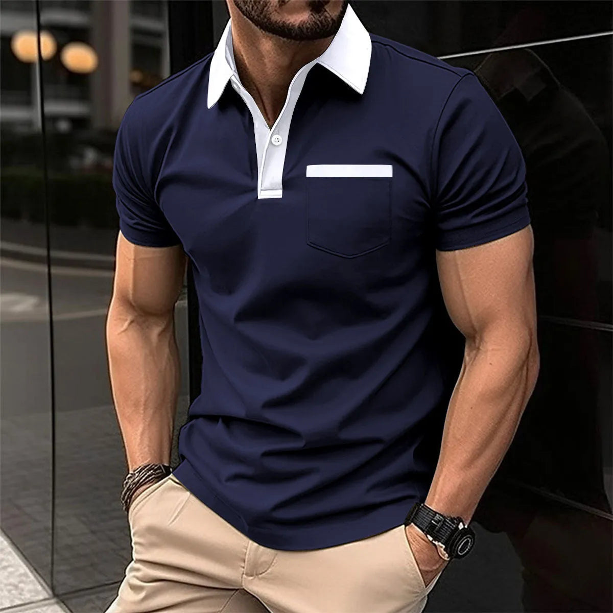 Men's cotton blend short-sleeve slim-fit polo shirt in navy blue with chest pocket, front view
