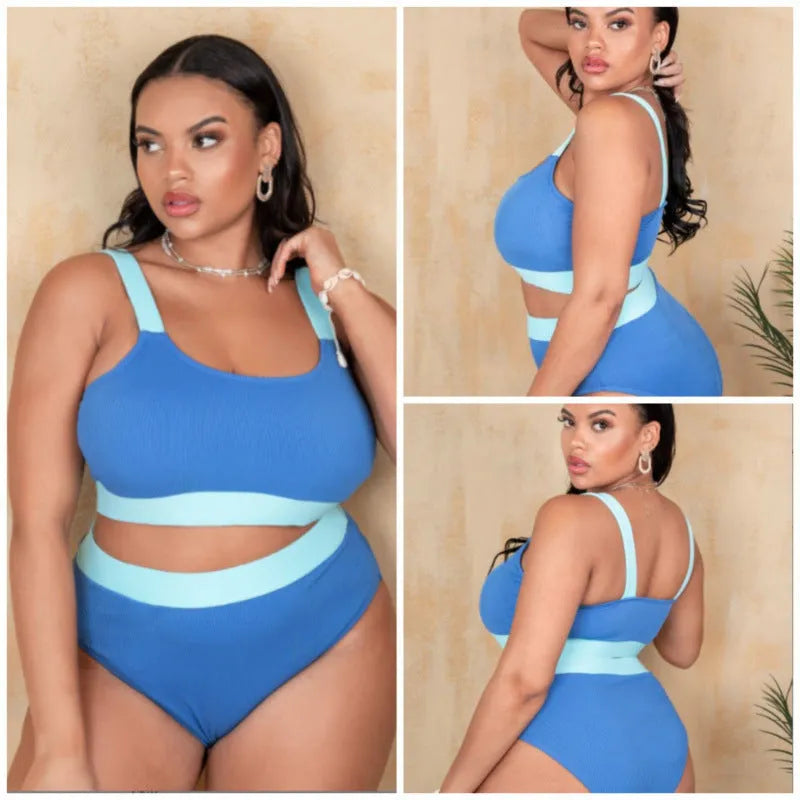 Women's solid colour bikini set with high-waist briefs and split-style swim top