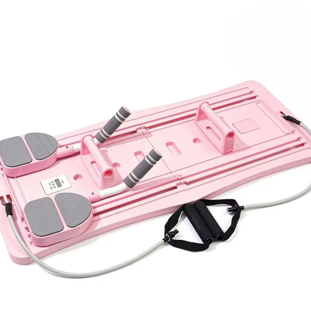 Purple foldable plastic fitness board lying flat on a floor.