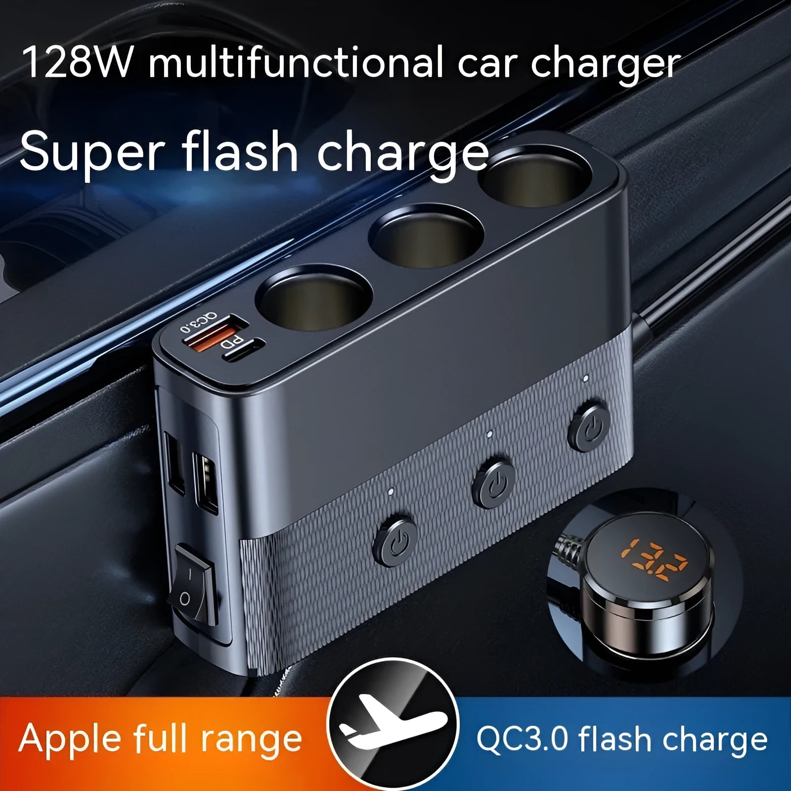 C28 black vehicle cigarette lighter adapter with USB, PD and QC3.0 charging ports