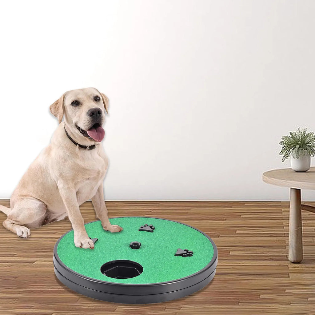 Square blue dog nail file scratching board with rotatable top and suction cup base on a wooden floor.