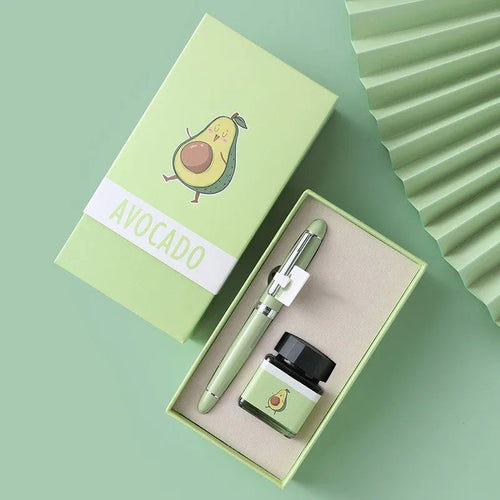 Calligraphy pen with replaceable ink sac, metal case, and choice of seven designs including avocado and bear patterns