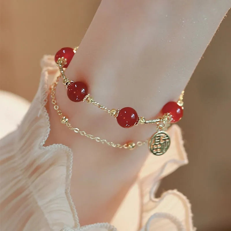 Red agate and alloy double-layer bracelet with blessing card charm in gift box