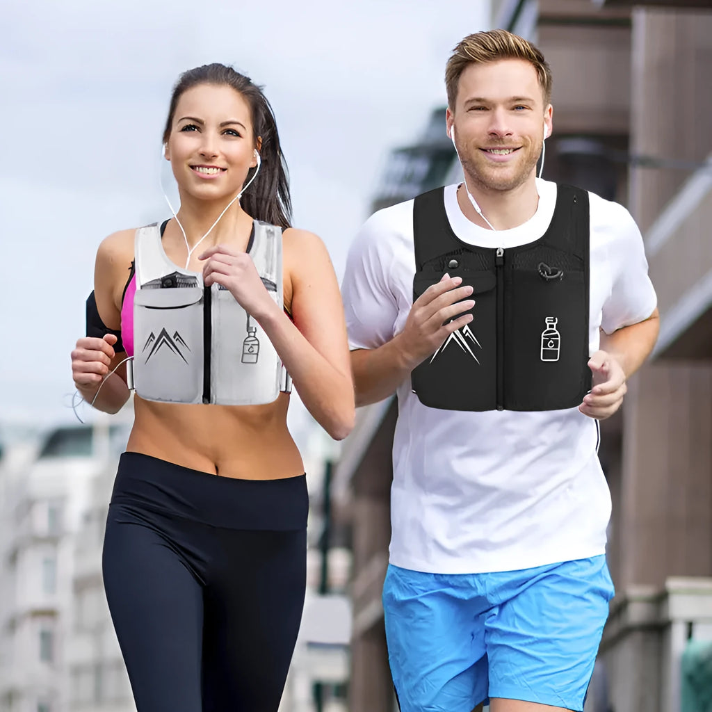 Black breathable mesh running vest with integrated hydration pack and front phone pocket for outdoor sports.