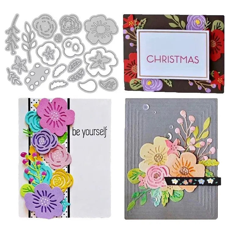 Silver carbon steel flower knife mould for paper cutting measuring 14.3cm by 9.9cm with etched botanical design