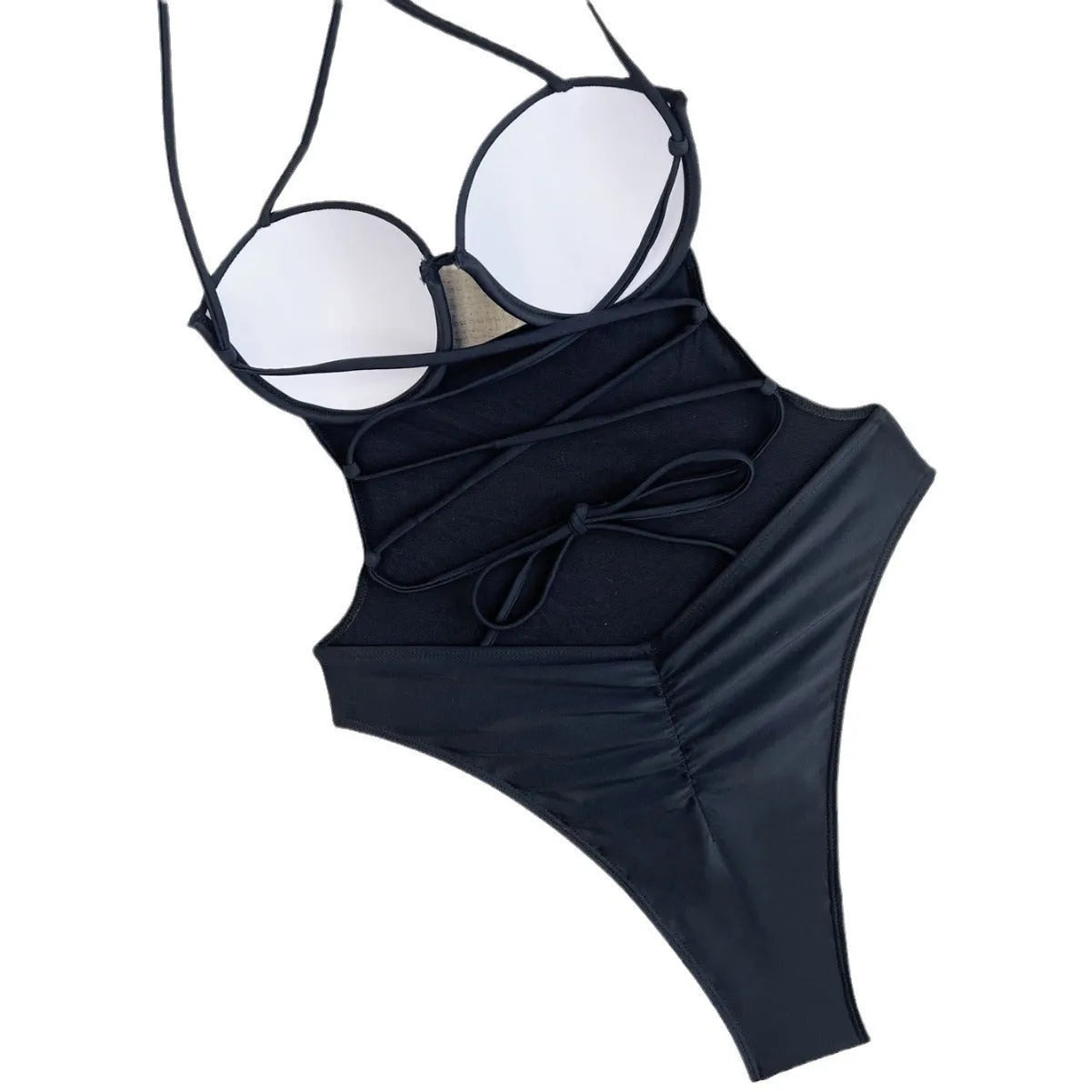 Black solid colour one-piece swimsuit for women on a hanger, showing v-neck design.