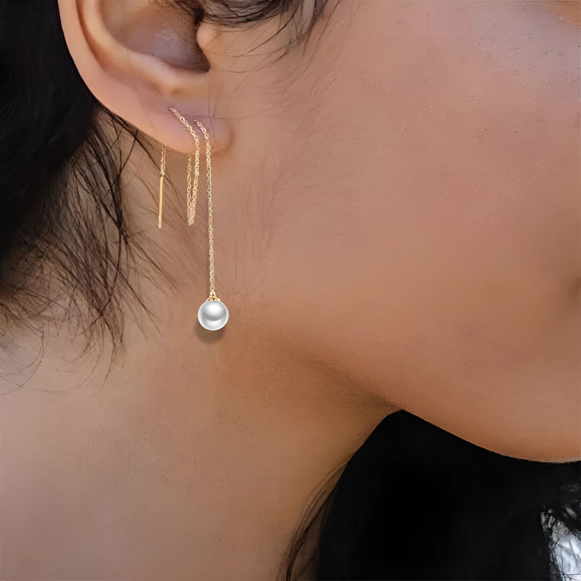 Stainless steel tassel earrings with pearl inlay in gold colour geometric shape for women