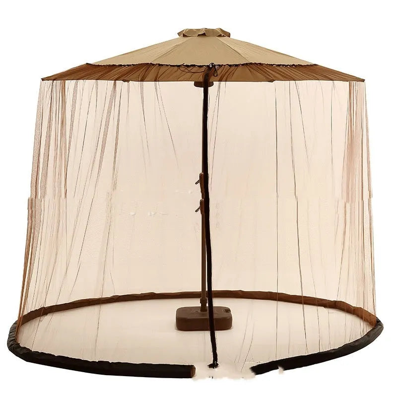 Large beige outdoor umbrella tent with full mosquito netting walls providing shade and insect protection.