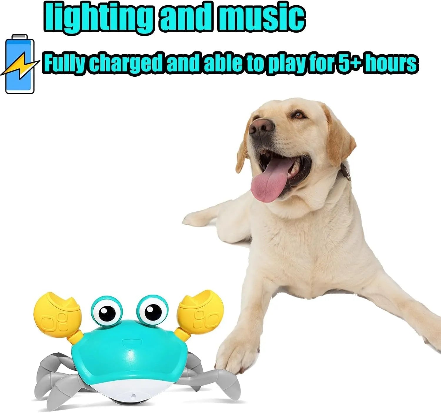 Blue or red electronic crab dog toy with obstacle avoidance sensors, moving sideways on a floor.