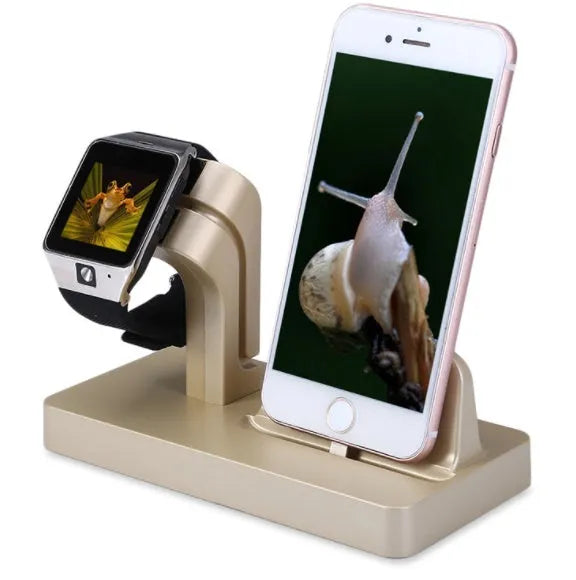 White 2-in-1 charging dock station holding an iPhone and an Apple Watch on a desk.