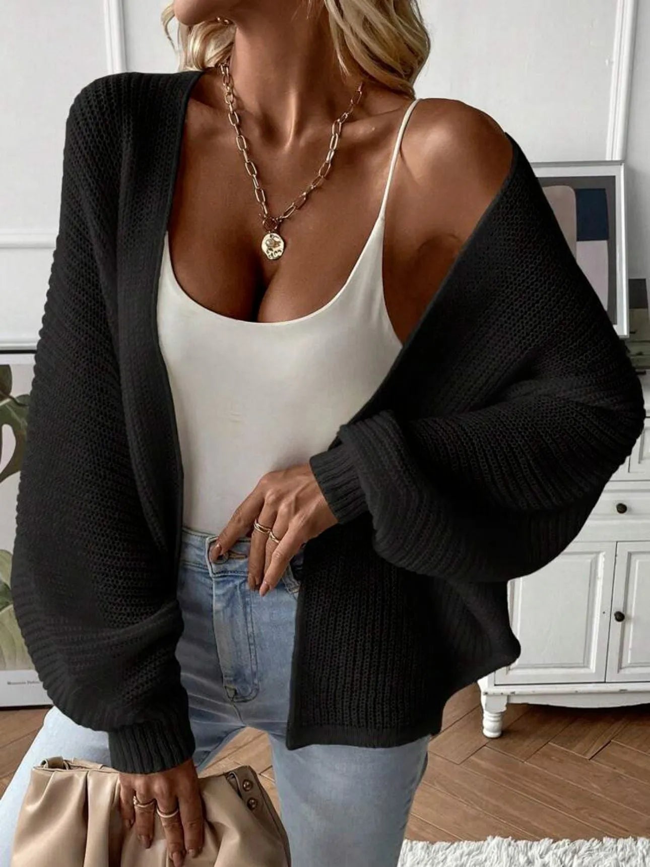 Women's batwing sleeve cardigan in solid colour with loose fit
