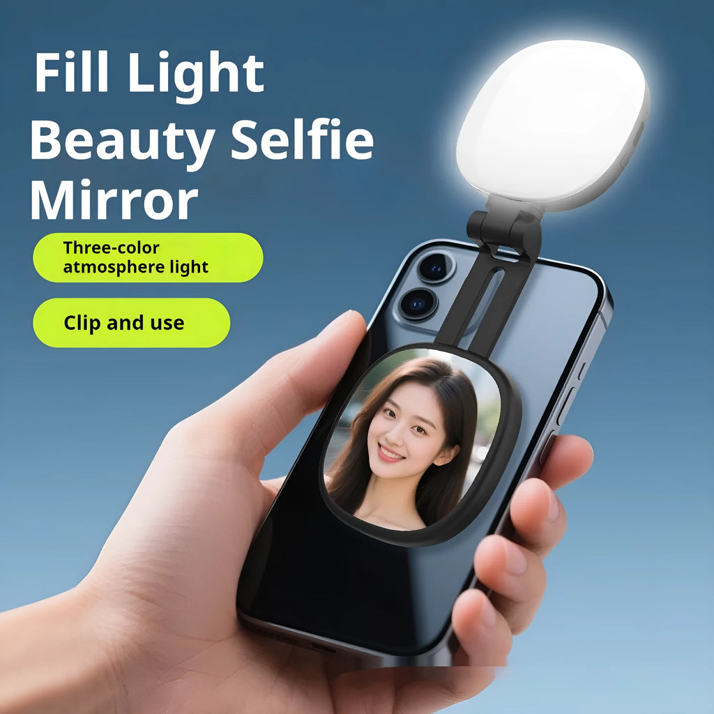 Mini mobile phone fill light with magnetic attachment showing black and white colour options