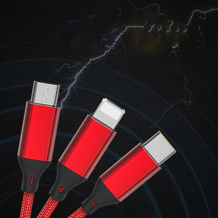 1.2 metre long multi-device charging cable with nylon braid in red, blue, gold, black, silver, and rose gold colours
