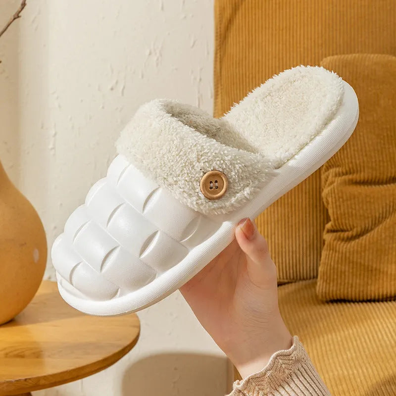 Plaid detachable slippers with anti-skid soles and plush lining in pink, green, yellow, white, grey, or black