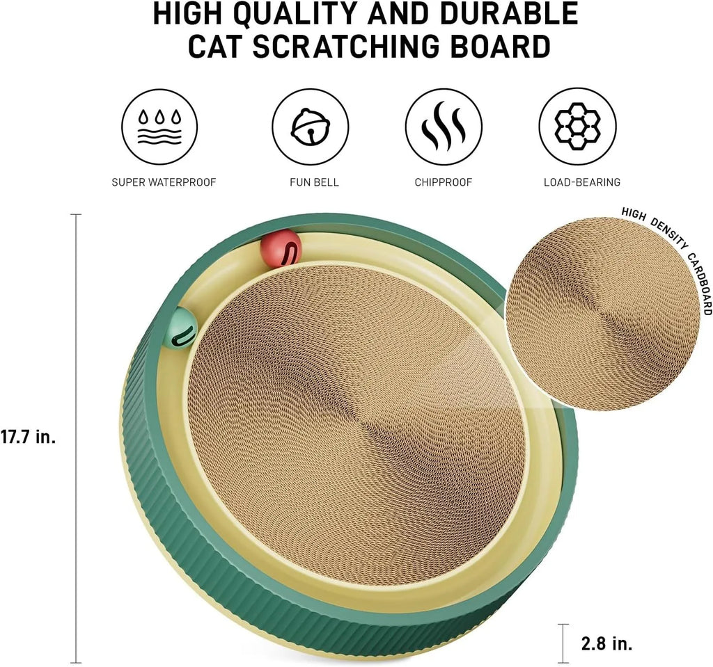 Large circular green cat scratching board with built-in ball toys and a replaceable cardboard core.