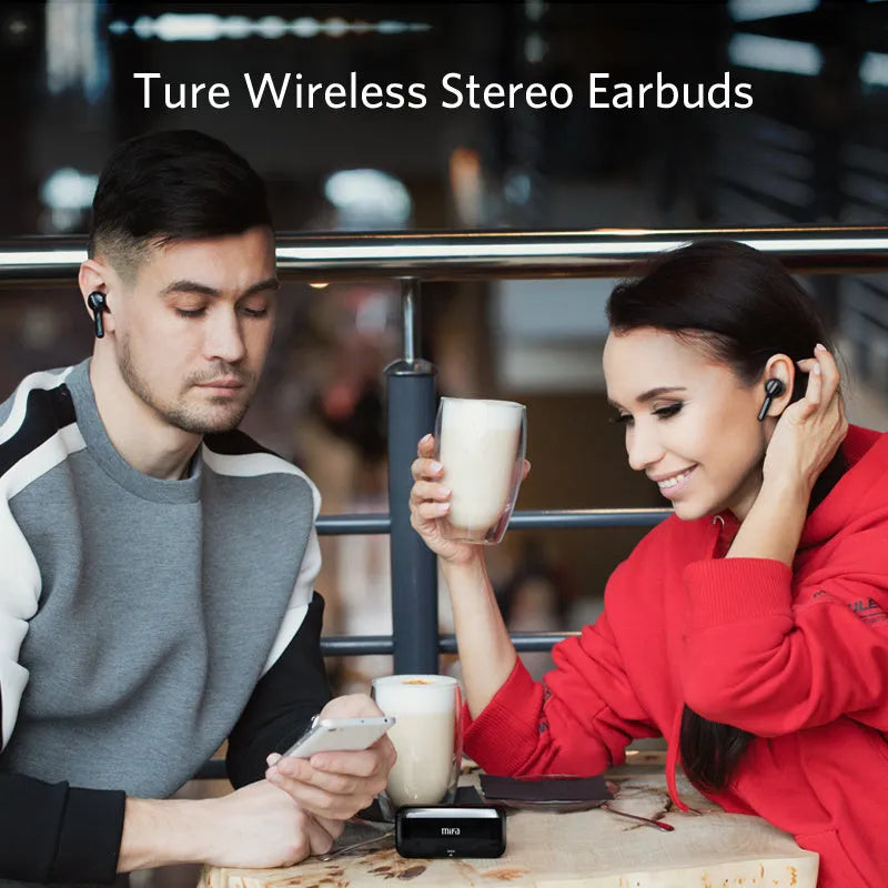 Black plastic TWS wireless earbuds with Bluetooth 5.0 and IPX5 waterproof rating.