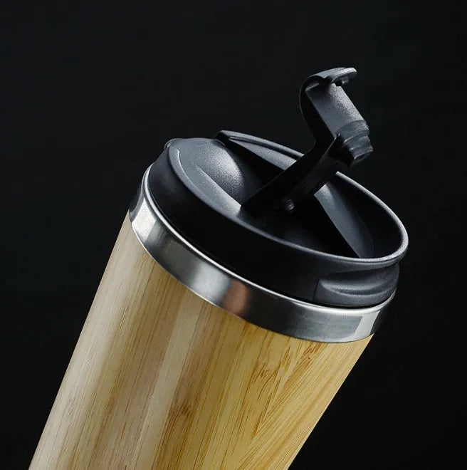 Bamboo coffee cup with stainless steel double wall insulation, 420ml capacity, leak-proof lid and foam pad