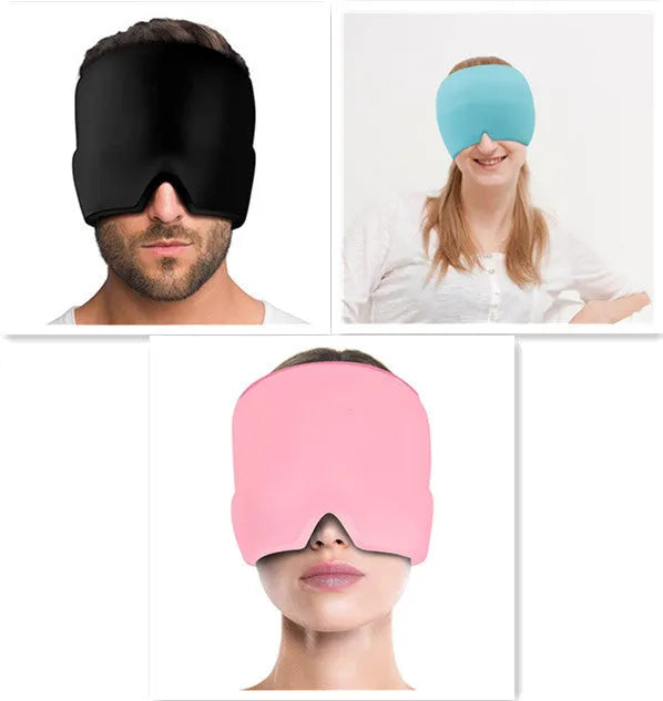 Elastic cloth gel eye mask for headache relief with adjustable headband in black colour