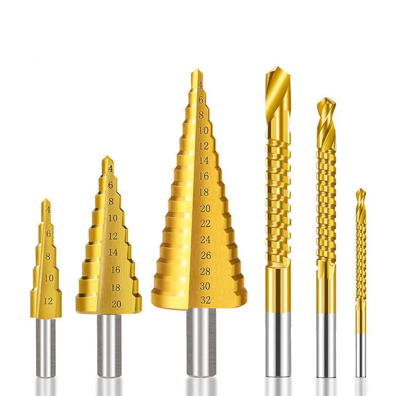 High speed steel step drill bits and a centre punch arranged as a set for hole enlargement.
