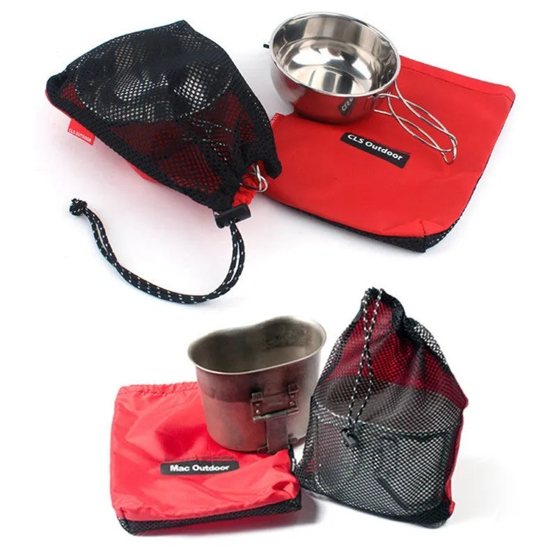 Red 5-piece outdoor travel storage bag set made from 200D Oxford cloth with mesh panels and zipper closures