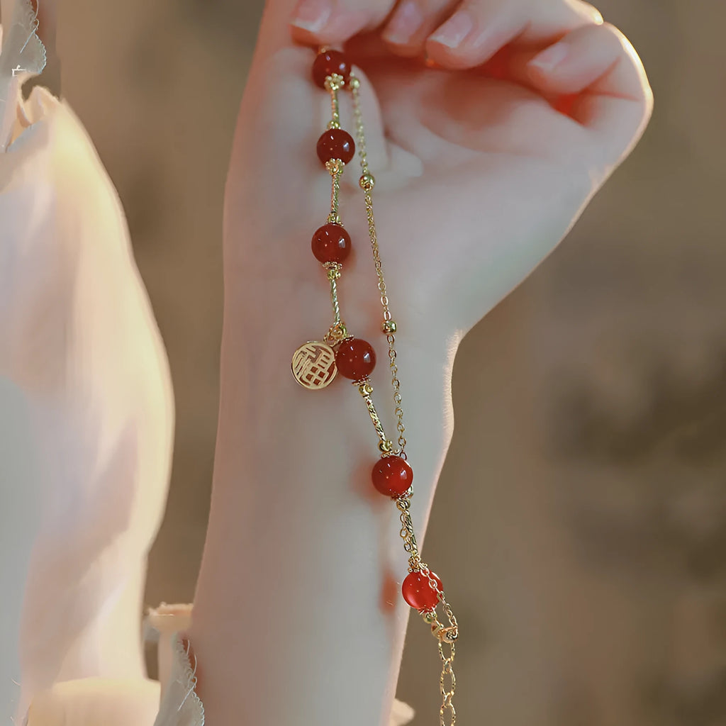 Red agate and alloy double-layer bracelet with blessing card charm in gift box