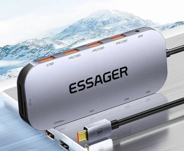 11-in-1 USB-C expansion dock with multiple ports including Gigabit Ethernet, HDMI, VGA, USB 3.0, and card readers
