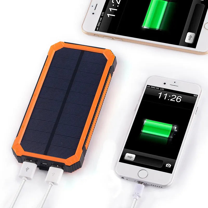 Solar power bank portable charger in black, green, orange, or yellow colours showing front and solar panel.
