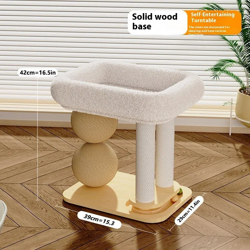 Simple pine wood cat nest with a sisal rope scratching ball attached.