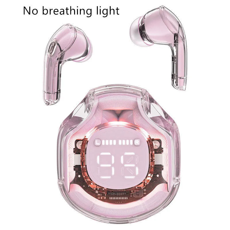 White wireless Bluetooth in-ear headset with earhook and optional breathing light on a transparent background.