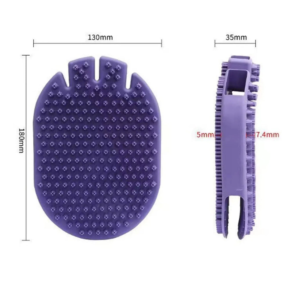 Purple dual-sided pet shampoo and massage brush with soft TPR bristles and ergonomic handle.