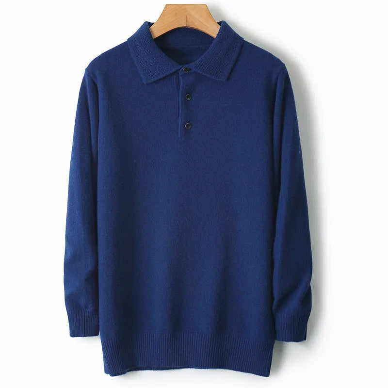 Men's grey wool pullover sweater with a polo collar and long sleeves, showing collage stitch detail.