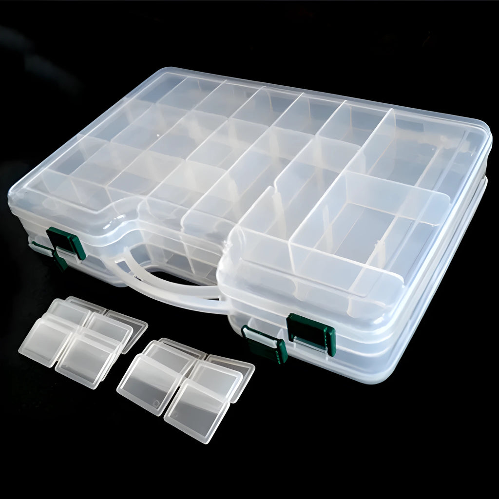 Large capacity double deck fishing sub bait box with dual sided compartments for road sub baits and fake bait storage