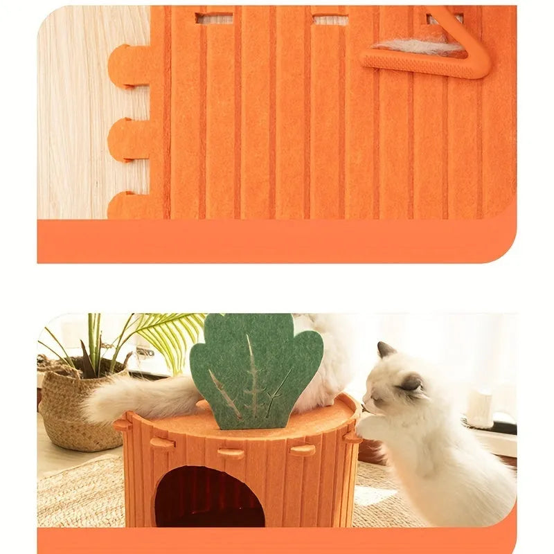 Carrot colour felt cat tunnel nest with semi-enclosed design showing drilled ventilation pattern