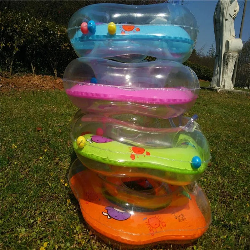 Baby neck swimming ring in green PVC with 40cm outer diameter and adjustable inner collar, floating on water