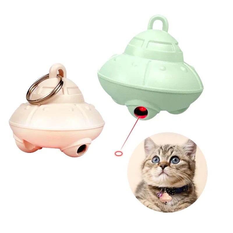 Green automatic cat collar laser toy showing dimensions and USB charging port