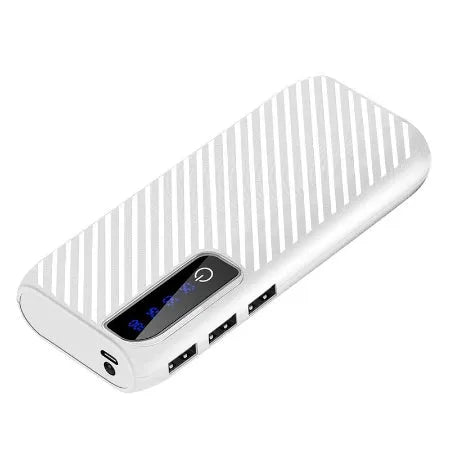 Black 20000mAh mini portable power bank showing USB ports and compact size.