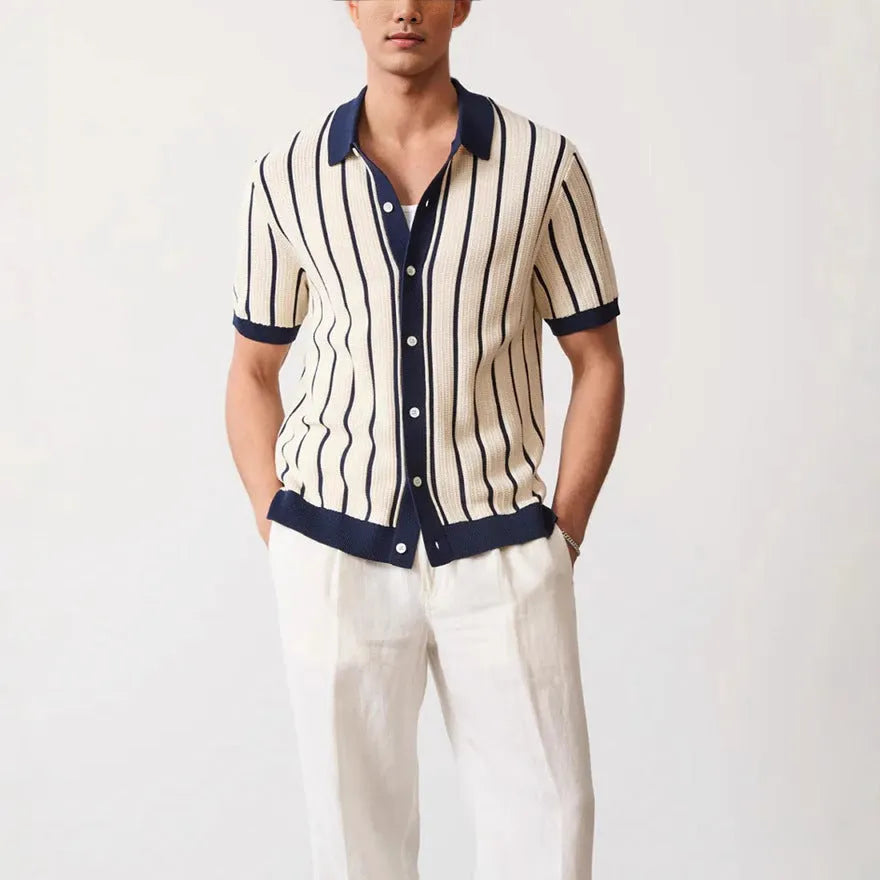Men's white ice silk knitted shirt with asymmetrical lapel design and short sleeves