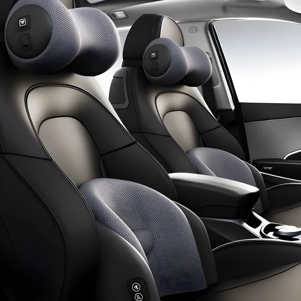Car massage waist cushion and headrest with memory cotton padding in space grey colour