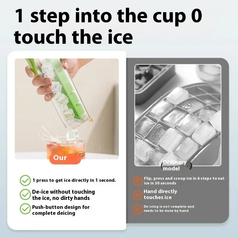 Food grade plastic ice cube tray with one-press release lever and storage box in Maldives blue or pearl white