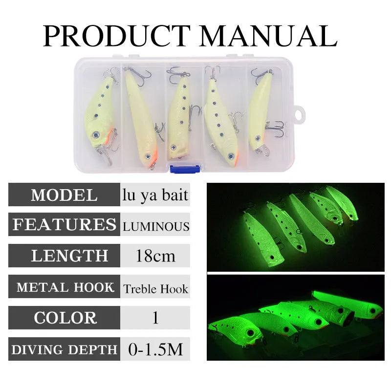 Set of five multi-colour 3D fluorescent hard bait fishing lures with luminous design.