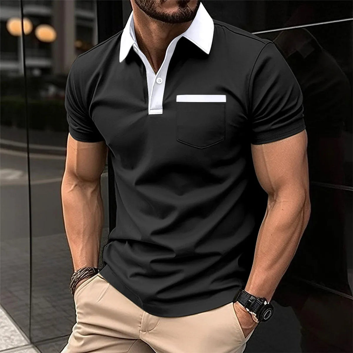 Men's cotton blend short-sleeve slim-fit polo shirt in navy blue with chest pocket, front view
