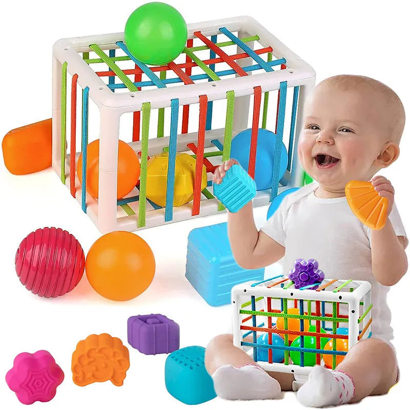 Set of six plastic rainbow shape blocks for toddler fine motor training with elastic rope
