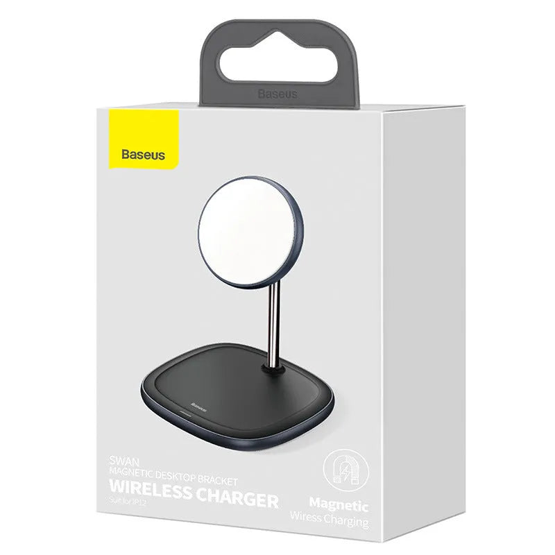 Swan magnetic desktop wireless charger stand for iPhone 12 in black or white colours