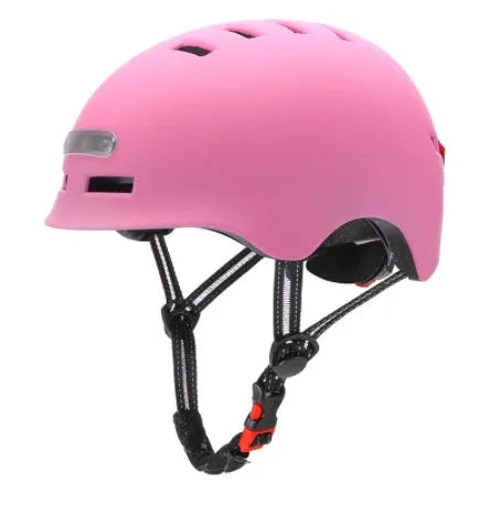 Black electric scooter helmet with front LED headlight and rear taillight, adjustable strap, on white background