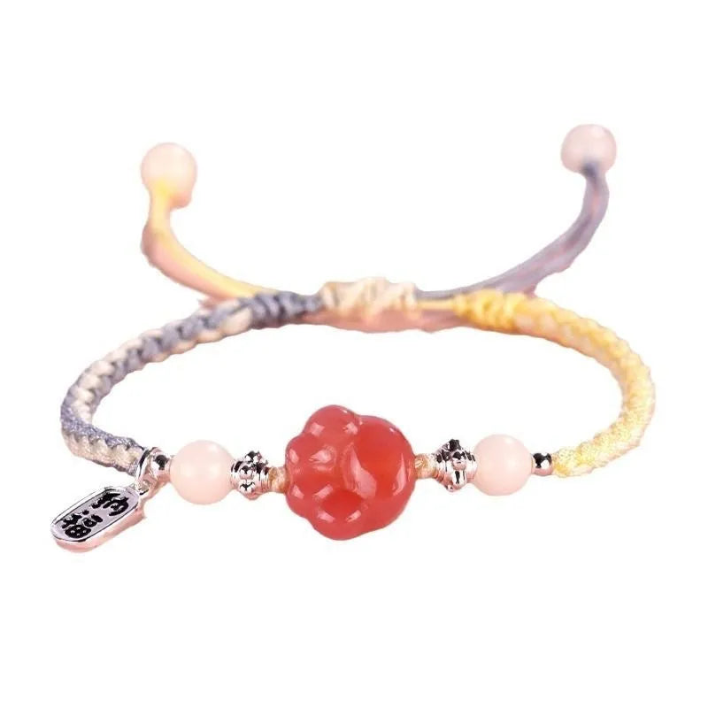 Red cat's paw woven bracelet for couples with glass charm in pastoral style