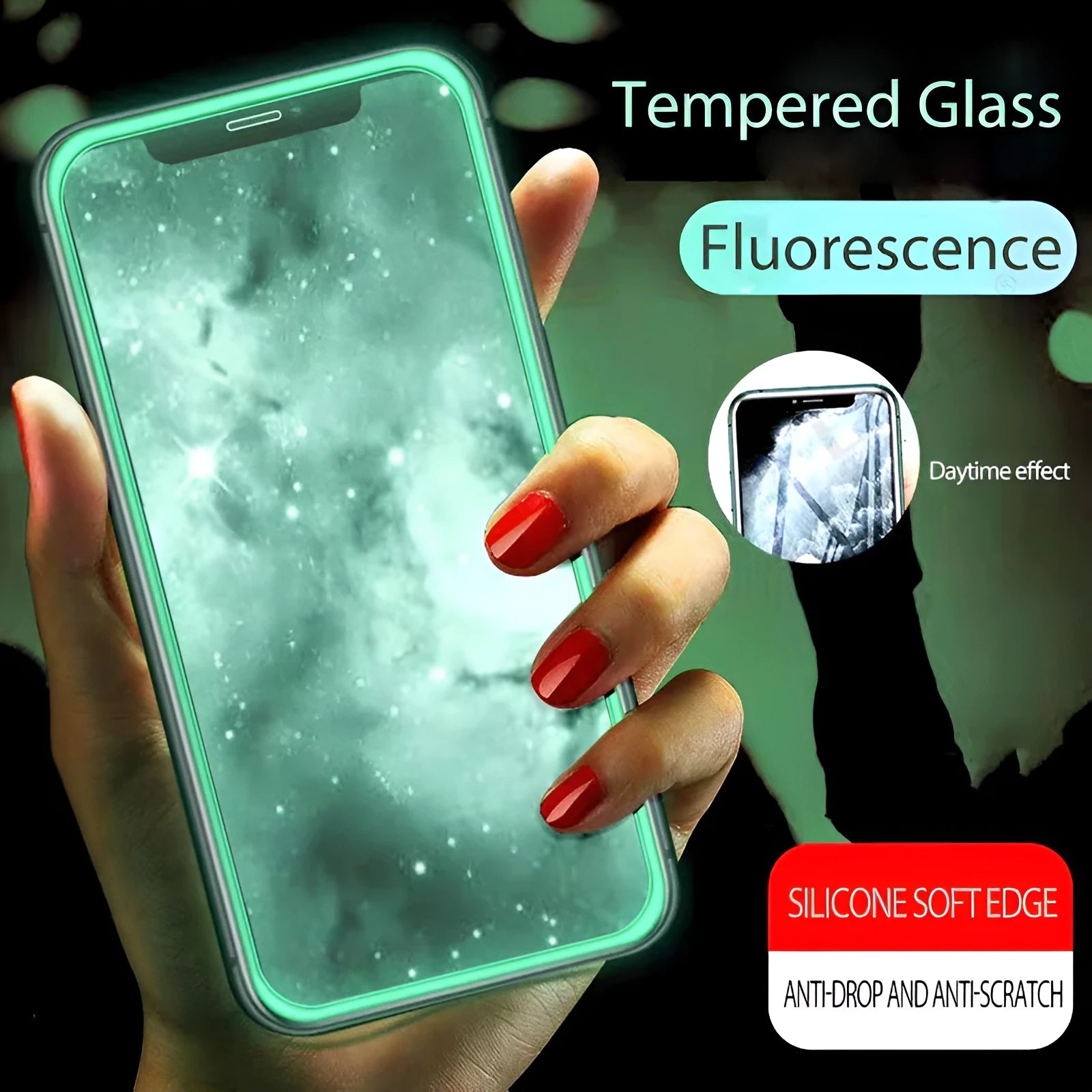 Luminous full cover tempered glass screen protector for iPhone glowing blue in the dark.