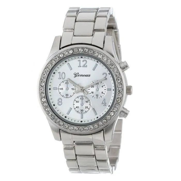 40mm round women's crystal quartz watch with metal alloy bracelet and reclining clasp