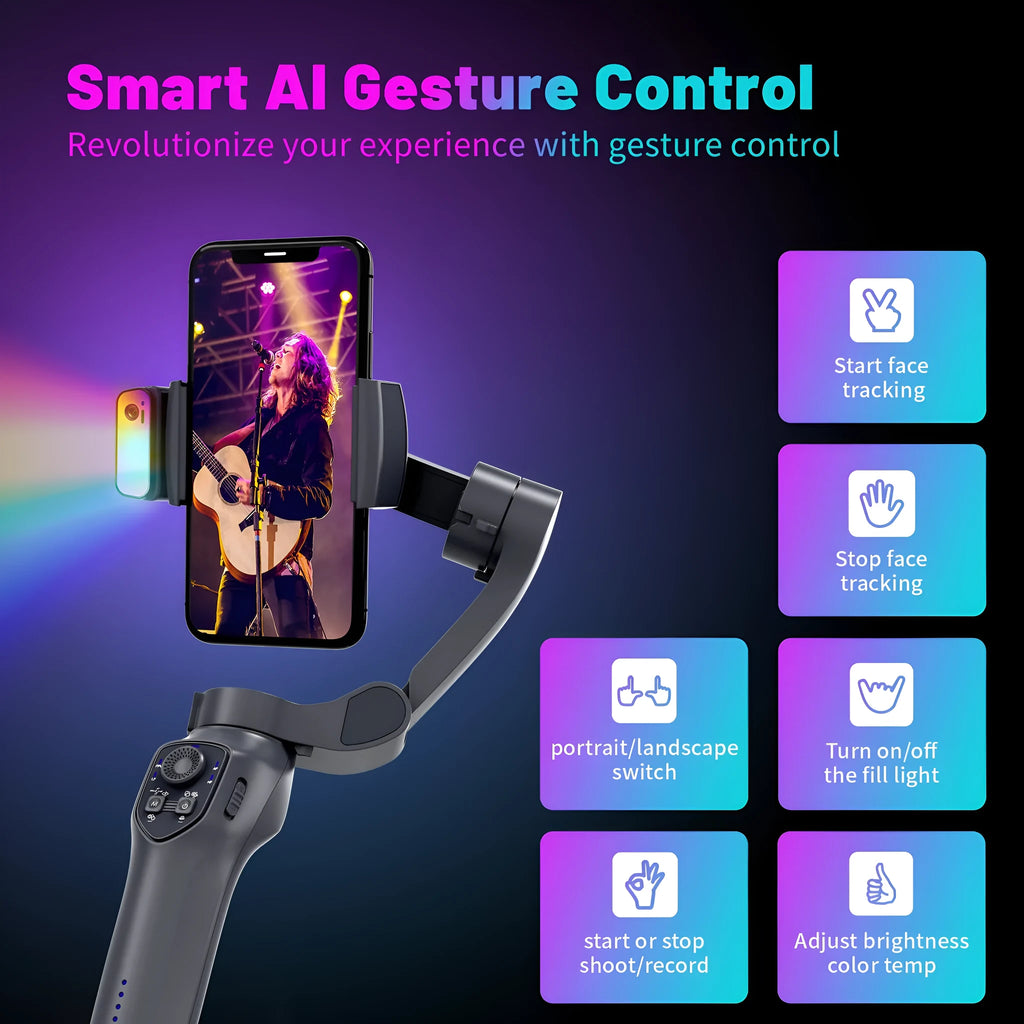 Foldable handheld phone stabiliser gimbal in gun colour finish with optional RGB lights.