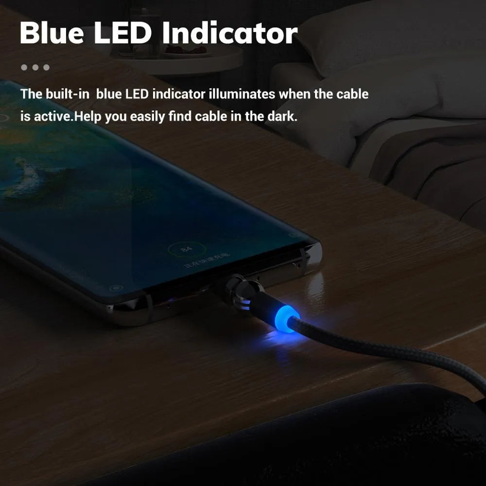 Black magnetic phone charging cable with spherical rotating connector and aluminium alloy ends on a white background.