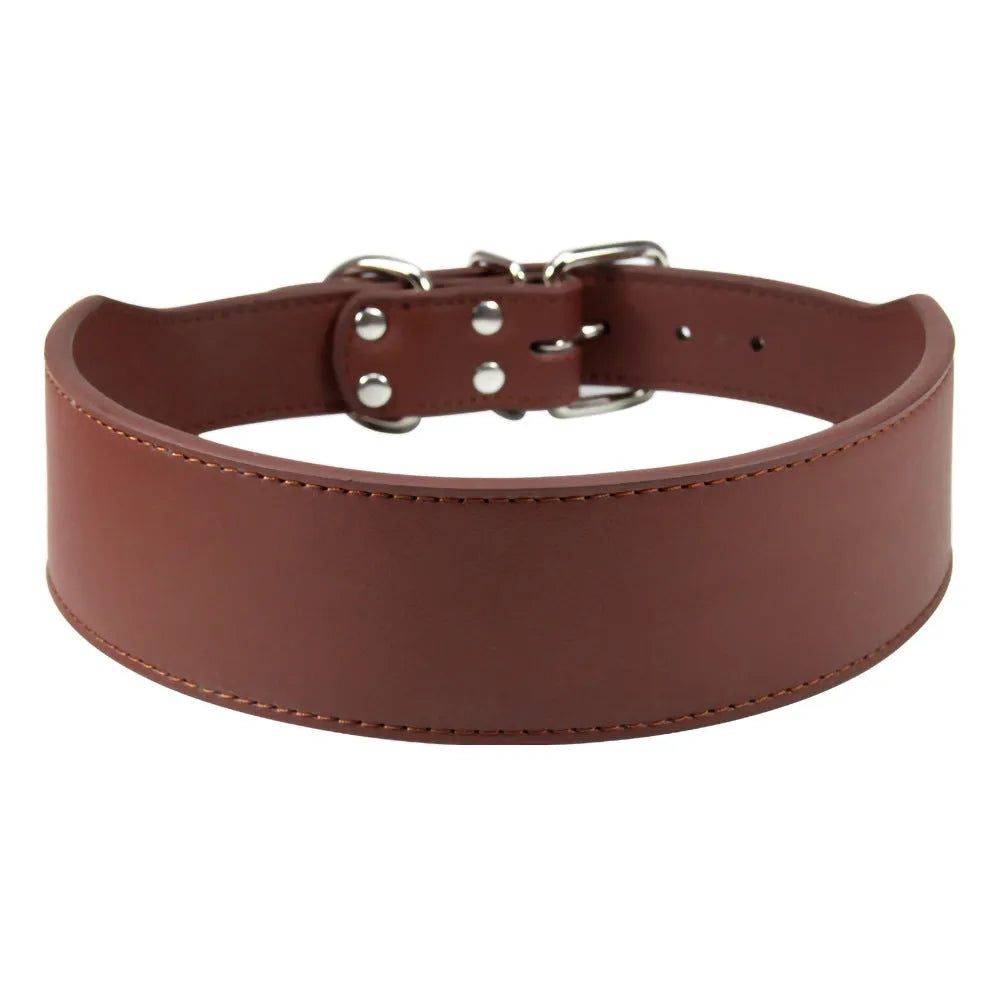 Large dog leather collar with fish-shaped buckle in assorted colours on a white background.
